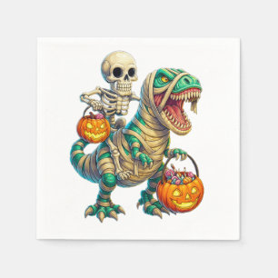 Whimsical Skeleton Riding Mummy T-Rex Halloween  Napkin