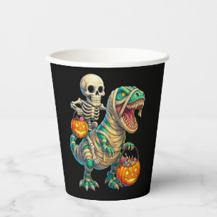 Whimsical Skeleton Riding Mummy T-Rex Halloween Paper Cups