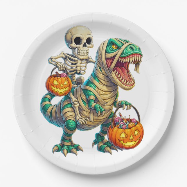 Whimsical Skeleton Riding Mummy T-Rex Halloween  Paper Plate (Front)