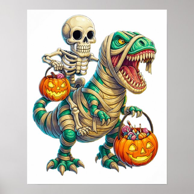 Whimsical Skeleton Riding Mummy T-Rex Halloween  Poster (Front)