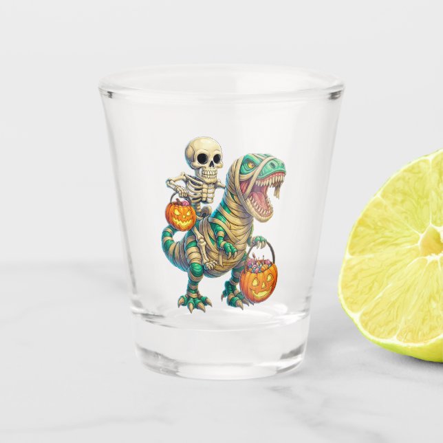 Whimsical Skeleton Riding Mummy T-Rex Halloween  Shot Glass (Front)