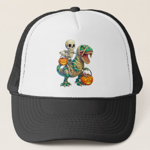 Whimsical Skeleton Riding Mummy T-Rex Halloween  Trucker Hat