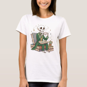 Whimsical Skeleton Tea Reader, Cosy Book Scene T-Shirt
