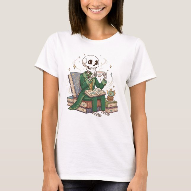 Whimsical Skeleton Tea Reader, Cosy Book Scene T-Shirt (Front)