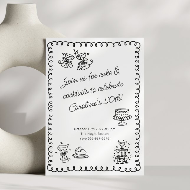 Whimsical Sketch Doodle Cake Cocktails Birthday  Invitation (Creator Uploaded)