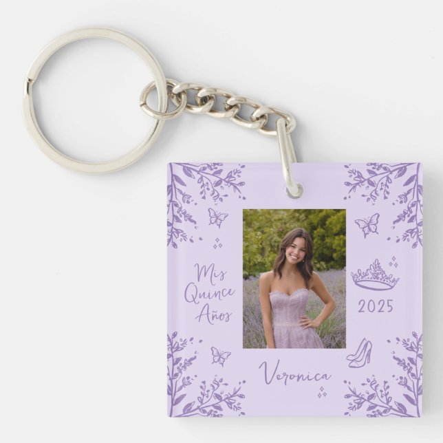 Whimsical Sketch Photo Mis Quince Años Keepsake Key Ring (Front)