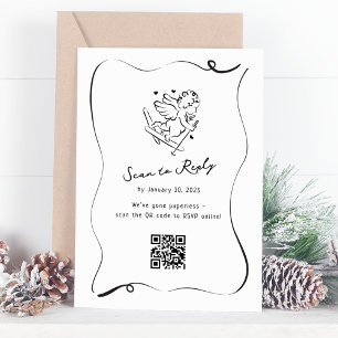 Whimsical Ski Cupid QR Code Wedding RSVP Card