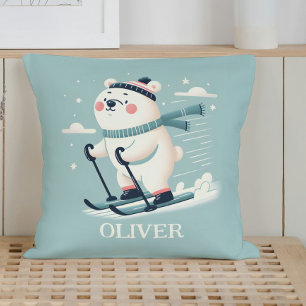 Whimsical Skiing Cute Polar Bear Personalised Cushion