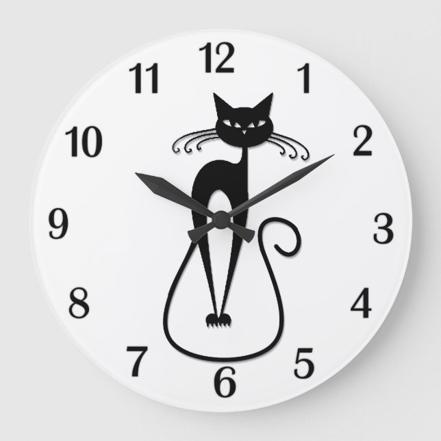 Whimsical Skinny Black Cat Black Numbers Large Clock (Front)
