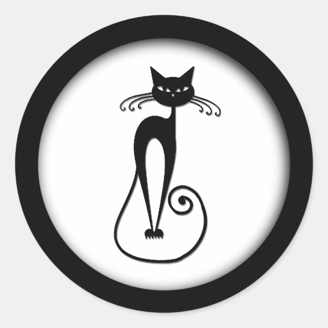 Whimsical Skinny Black Cat Classic Round Sticker (Front)