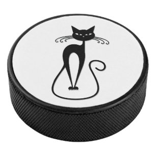 Whimsical Skinny Black Cat Hockey Puck
