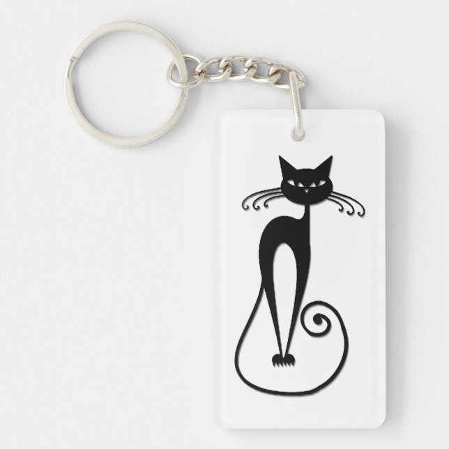 Whimsical Skinny Black Cat Key Ring (Front)