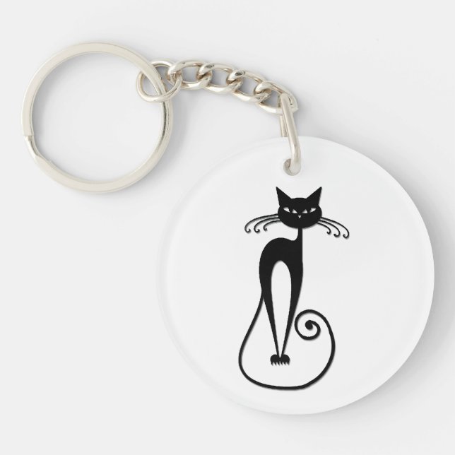 Whimsical Skinny Black Cat Key Ring (Front)