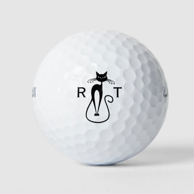 Whimsical Skinny Black Cat Monogrammed Golf Balls (Front)