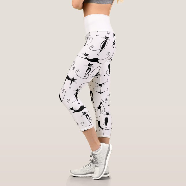 Whimsical Skinny Black Cat Pattern Capri Leggings (Left)