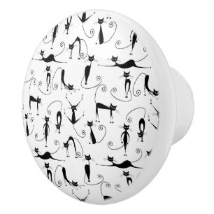 Whimsical Skinny Black Cat Pattern Ceramic Knob