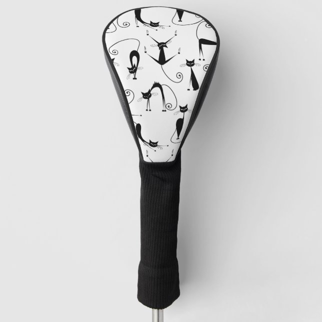 Whimsical Skinny Black Cat Pattern Golf Head Cover (Front)