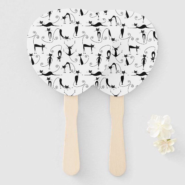 Whimsical Skinny Black Cat Pattern Hand Fan (Front and Back)