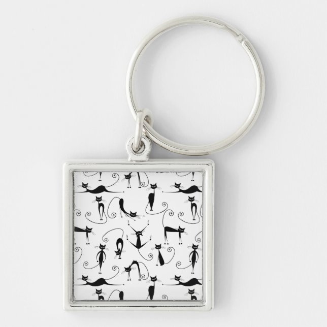 Whimsical Skinny Black Cat Pattern Key Ring (Front)