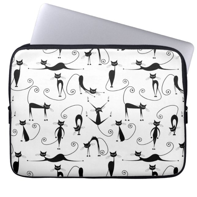 Whimsical Skinny Black Cat Pattern Laptop Sleeve (Front)