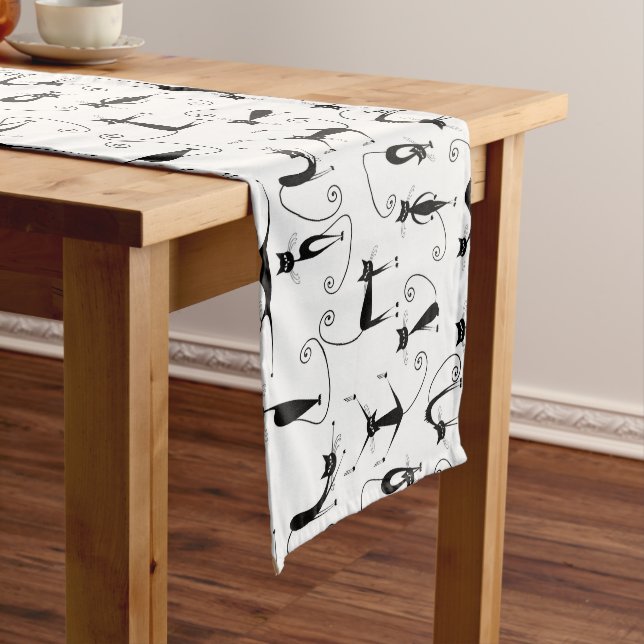 Whimsical Skinny Black Cat Pattern Long Table Runner (In Situ)