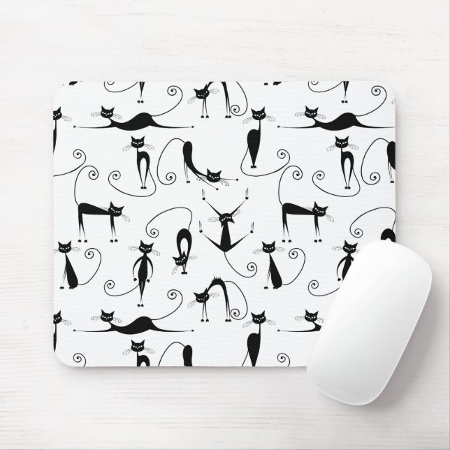 Whimsical Skinny Black Cat Pattern Mouse Mat (With Mouse)