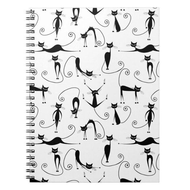 Whimsical Skinny Black Cat Pattern Notebook (Front)