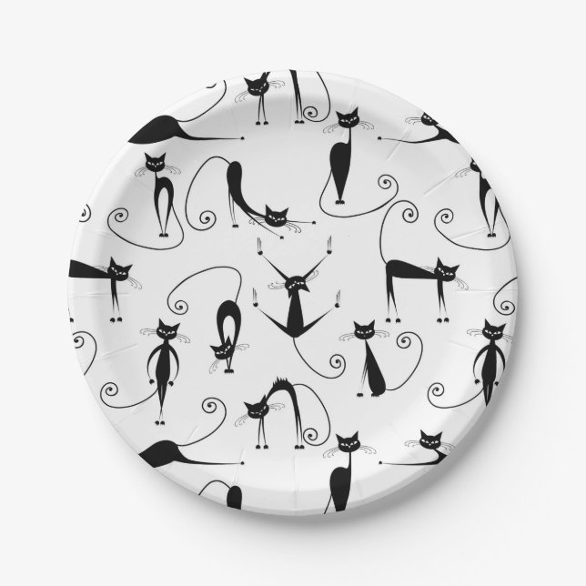 Whimsical Skinny Black Cat Pattern Paper Plate (Front)