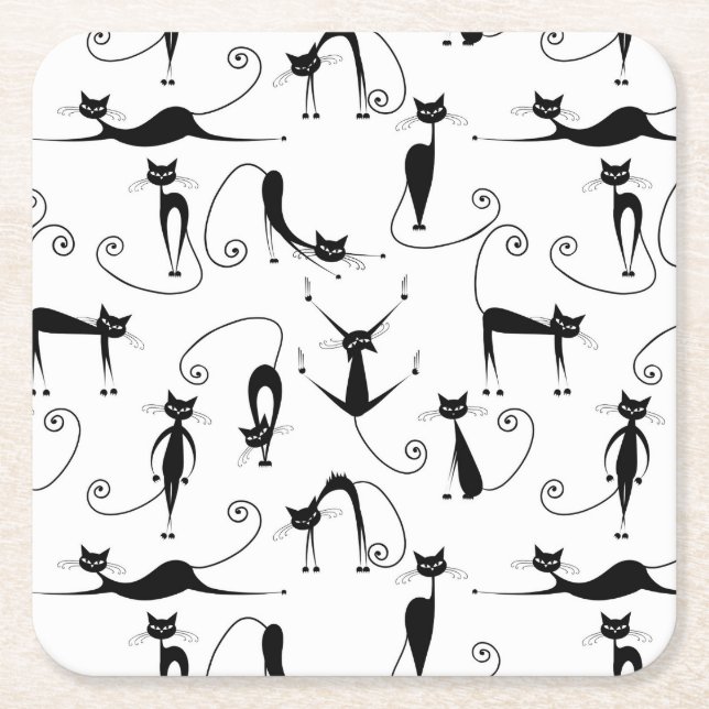 Whimsical Skinny Black Cat Pattern Square Paper Coaster (Front)