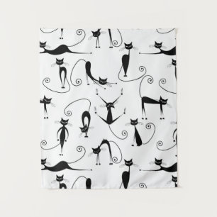 Whimsical Skinny Black Cat Pattern Tapestry