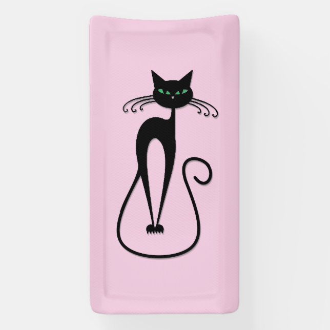 Whimsical Skinny Black Cat Pink Banner (Vertical)