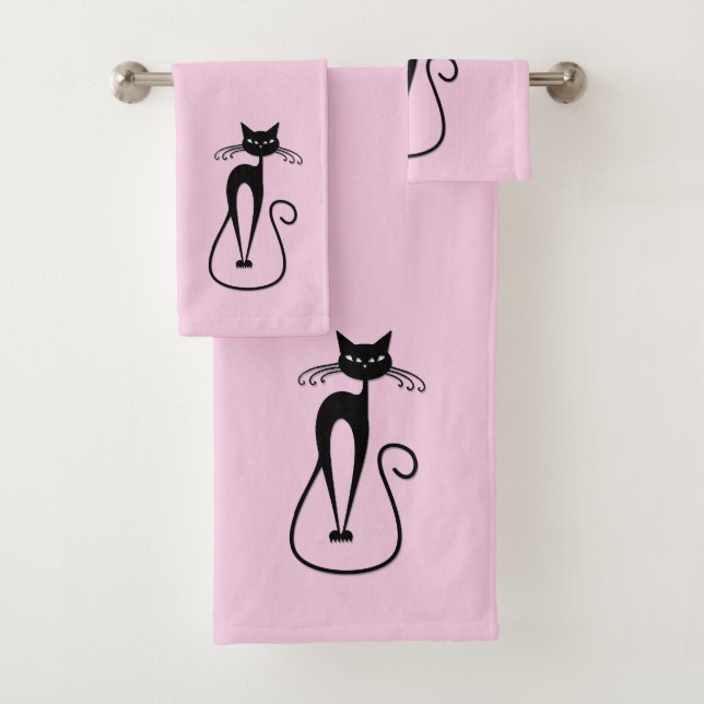 Whimsical Skinny Black Cat Pink Bath Towel Set (Insitu)
