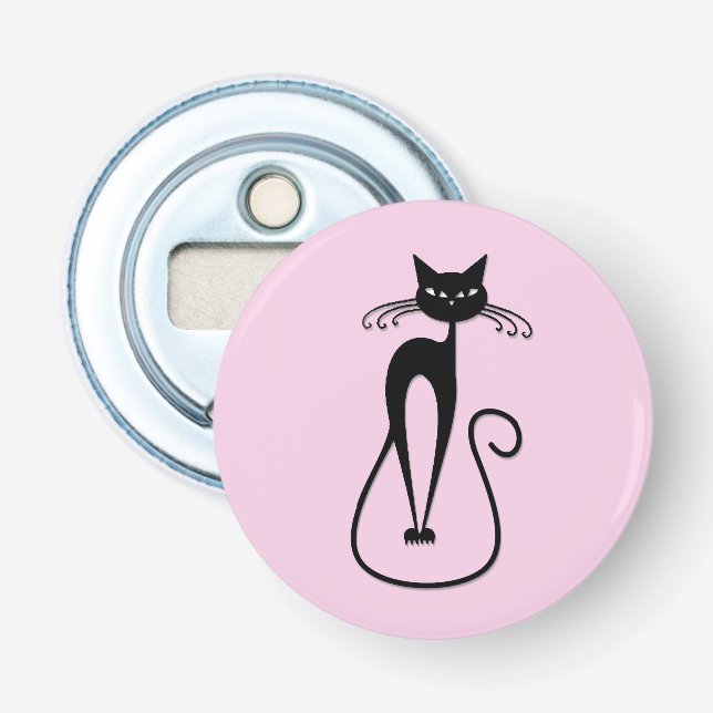 Whimsical Skinny Black Cat Pink Bottle Opener (Front)