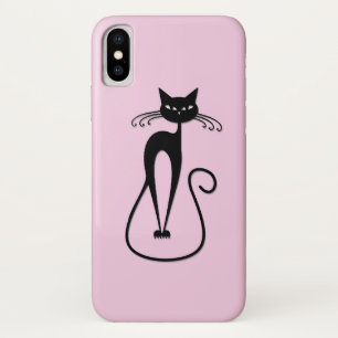 Whimsical Skinny Black Cat Pink iPhone X Case