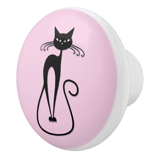 Whimsical Skinny Black Cat Pink Ceramic Knob (Right)