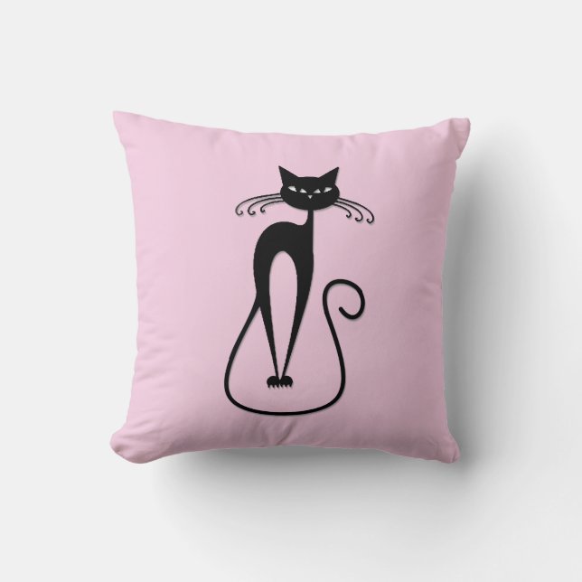 Whimsical Skinny Black Cat Pink Cushion (Front)