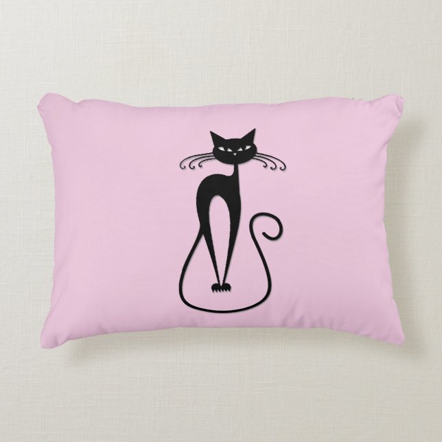 Whimsical Skinny Black Cat Pink Decorative Cushion (Front)