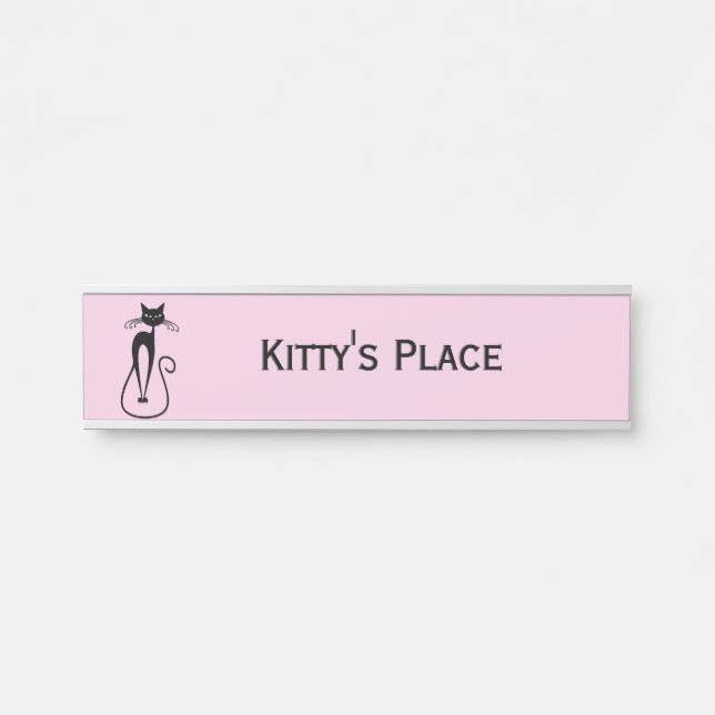 Whimsical Skinny Black Cat Pink Door Sign (Front)
