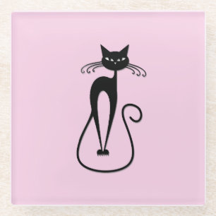 Whimsical Skinny Black Cat Pink Glass Coaster