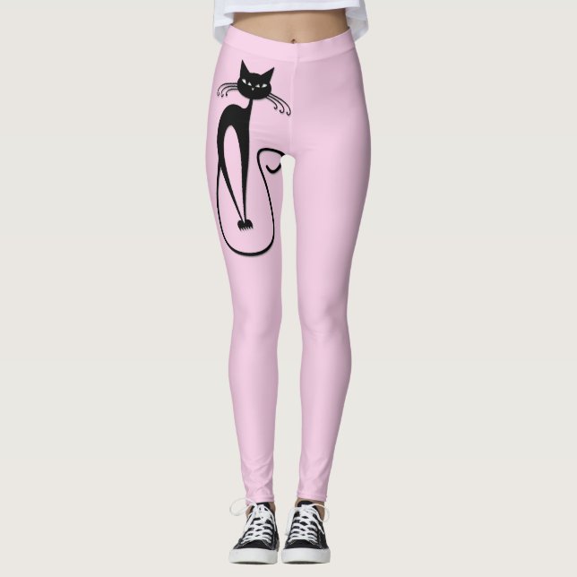 Whimsical Skinny Black Cat Pink Leggings (Front)