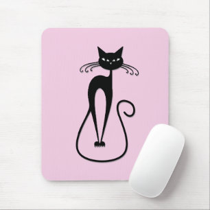 Whimsical Skinny Black Cat Pink Mouse Mat