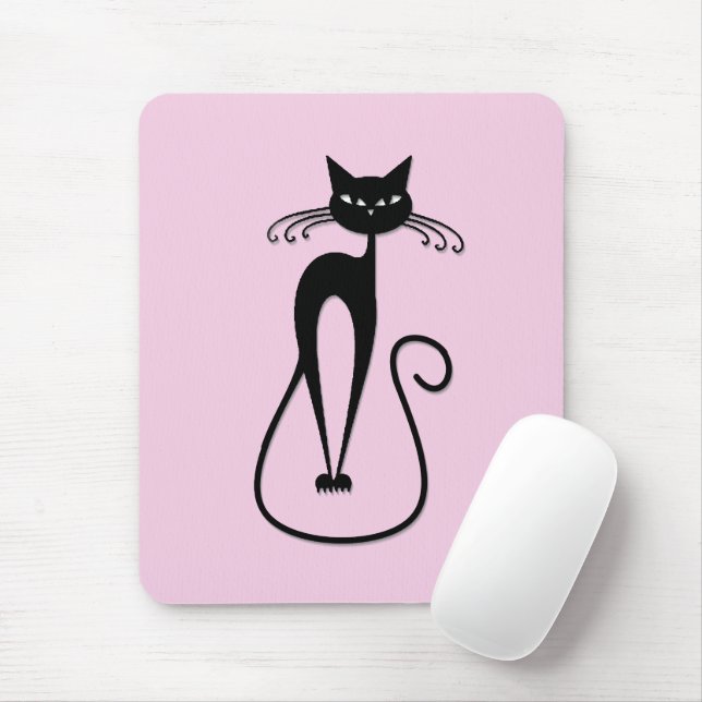 Whimsical Skinny Black Cat Pink Mouse Mat (With Mouse)