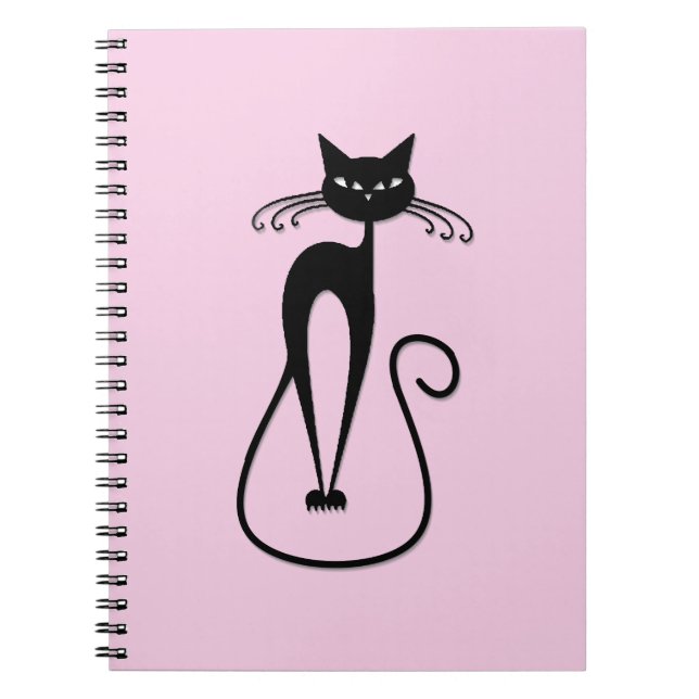 Whimsical Skinny Black Cat Pink Notebook (Front)