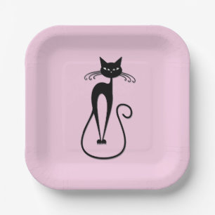 Whimsical Skinny Black Cat Pink Paper Plate