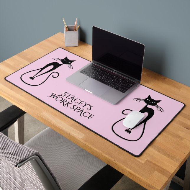 Whimsical Skinny Black Cat Pink Personal Desk Mat (Office 2)