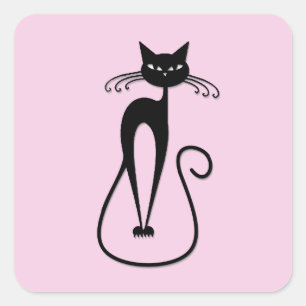 Whimsical Skinny Black Cat Pink Square Sticker
