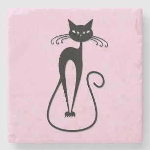 Whimsical Skinny Black Cat Pink Stone Coaster