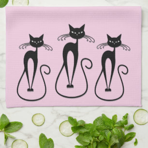 Whimsical Skinny Black Cat Pink Tea Towel