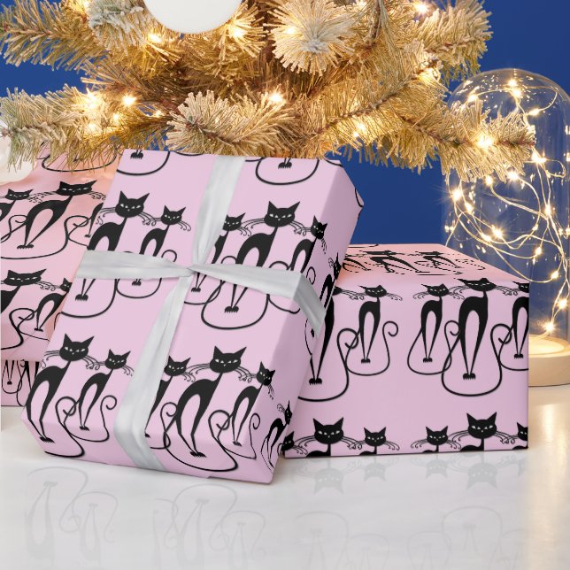 Whimsical Skinny Black Cat Pink Wrapping Paper (Holidays)