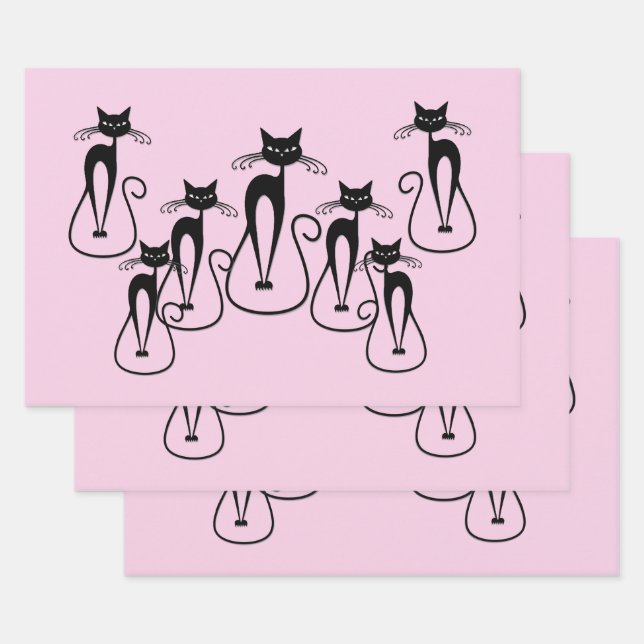 Whimsical Skinny Black Cat Pink Wrapping Paper Sheet (Set)